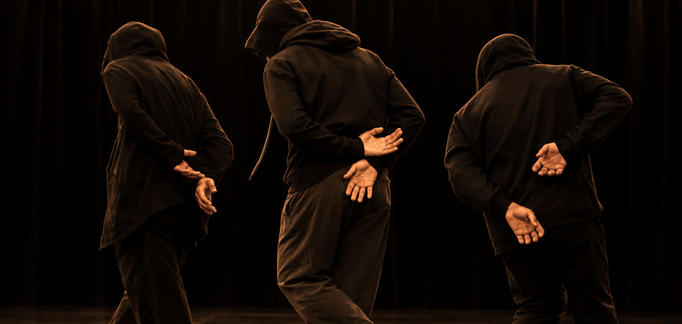 Cie KIF'DANCE KHÔL Création 2025_Meriem Bouajaja_Omaima Bahri_Choréographes Tunisien_ Deux performers en position inversée, faisant un mouvement synchronisé sur scène sombre.